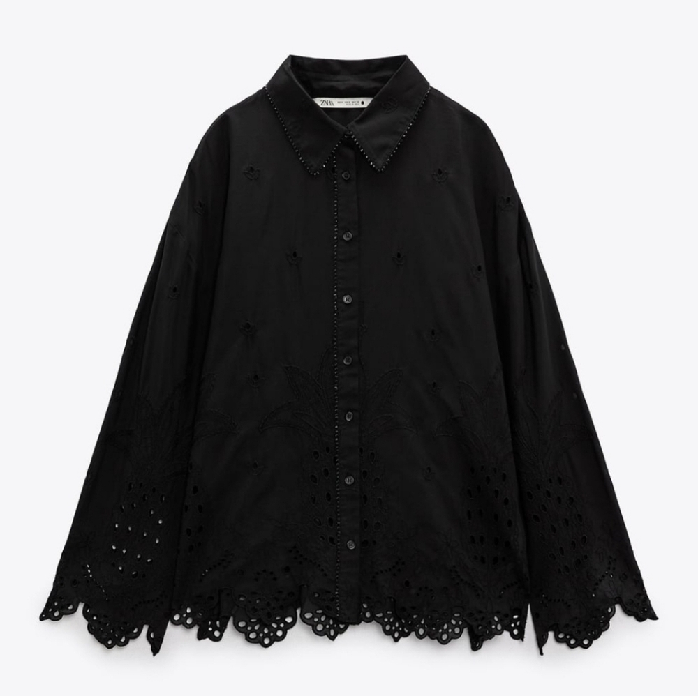 🪅 ZARA women long sleeve black loose embroidered and beads  eyelet blouse XL